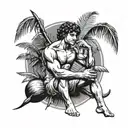 Cupid relaxing, drinking coconut, with palm leaves in the background tattoo design idea