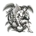Cupid relaxing, drinking coconut, with palm leaves in the background tattoo design idea