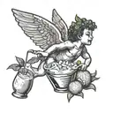 Cupid flying while drinking coconut cocktail tattoo design idea