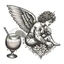 Cupid flying while drinking coconut cocktail tattoo design idea