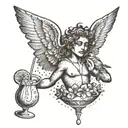 Cupid flying while drinking coconut cocktail tattoo design idea