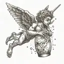 Cupid flying while drinking coconut cocktail tattoo design idea