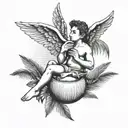 Black and white tattoo of cupid relaxing, drinking coconut, with palm leaves in the background tattoo design idea
