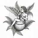 Black and white tattoo of cupid relaxing, drinking coconut, with palm leaves in the background tattoo design idea