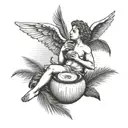 Black and white tattoo of cupid relaxing, drinking coconut, with palm leaves in the background tattoo design idea