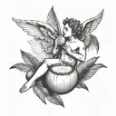 Black and white tattoo of cupid relaxing, drinking coconut, with palm leaves in the background tattoo design idea