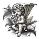Combine a beautiful medieval baby angel drinking coconut cocktail with palm leaf in the background tattoo design idea