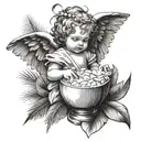 Combine a beautiful medieval baby angel drinking coconut cocktail with palm leaf in the background tattoo design idea