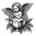 Combine a beautiful medieval baby angel drinking coconut cocktail with palm leaf in the background tattoo design idea