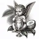 Combine a beautiful medieval baby angel drinking coconut cocktail with palm leaf in the background tattoo design idea