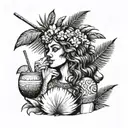 Greek goddess drinking coconut cocktail with palm leaves tattoo design idea