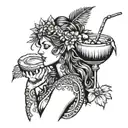 Greek goddess drinking coconut cocktail with palm leaves tattoo design idea