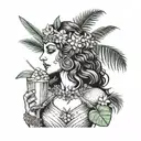 Greek goddess drinking coconut cocktail with palm leaves tattoo design idea