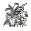 Greek goddess drinking coconut cocktail with palm leaves tattoo design idea