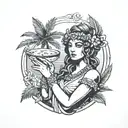 Greek goddess drinking coconut cocktail with palm leaves tattoo design idea