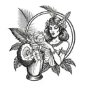 Greek goddess drinking coconut cocktail with palm leaves tattoo design idea