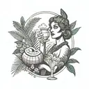 Greek goddess drinking coconut cocktail with palm leaves tattoo design idea