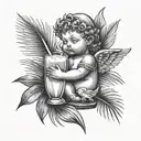 Combine a medieval baby angel drinking coconut cocktail with palm leaf in the background tattoo design idea