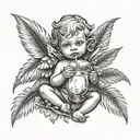 Combine a medieval baby angel drinking coconut cocktail with palm leaf in the background tattoo design idea
