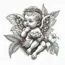 Combine a medieval baby angel drinking coconut cocktail with palm leaf in the background tattoo design idea