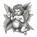 Combine a medieval baby angel drinking coconut cocktail with palm leaf in the background tattoo design idea