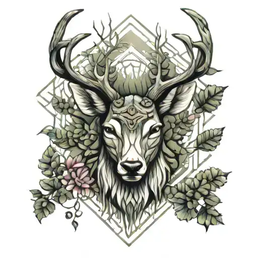 Forest blackout symmetrical geometric  deer face tattoo design idea