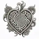 An abstract design featuring a heart-shaped labyrinth representing the journey of love and life's uncertainties tattoo design idea