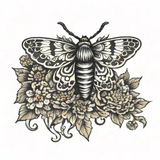 black moth with crysanthemum saying "rebirth"  tattoo design idea