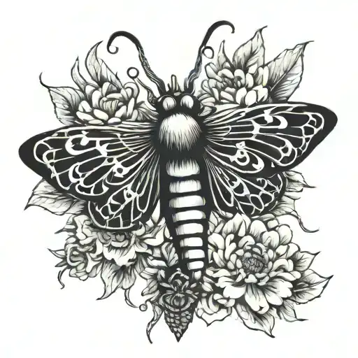 black death moth with crysanthemum saying "rebirth" all black tattoo design idea