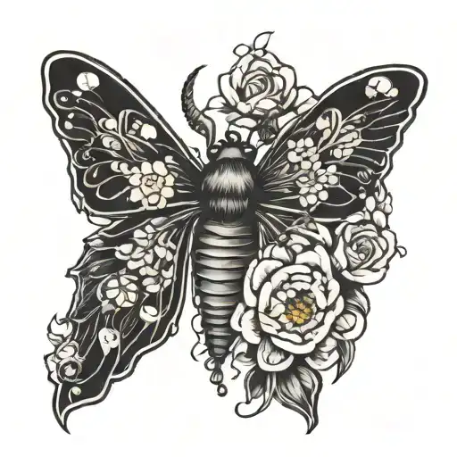 black moth with crysanthemum saying "rebirth" all black tattoo design idea