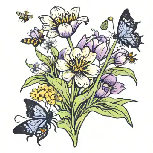 elagent flowers considting of tulips, lavender, and daisys with bees flying around in full of bright colors tattoo design idea