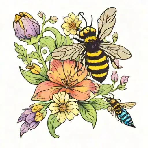 small elagent flowers considting of tulips, lavender, and daisys with bees flying around in full of bright colors tattoo design idea