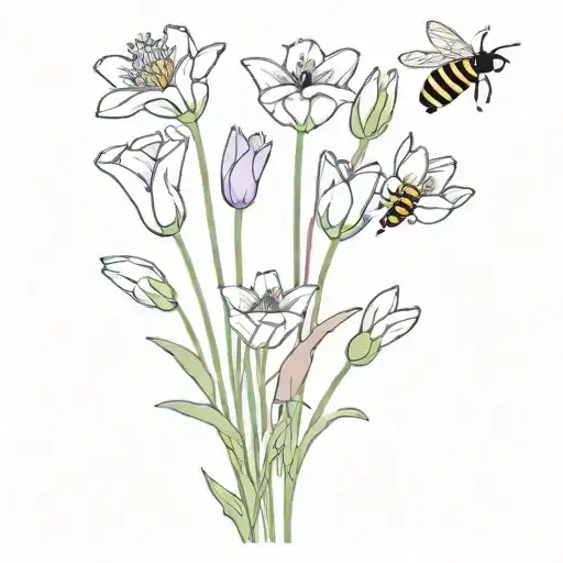 small elagent flowers considting of tulips, lavender, and daisys with bees flying around in full of bright colors tattoo design idea