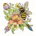 small elagent flowers considting of tulips, lavender, and daisys with bees flying around in full of bright colors tattoo design idea
