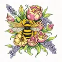 small elagent flowers considting of tulips, lavender, and daisys with bees flying around in full of bright colors tattoo design idea
