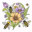 small elagent flowers considting of tulips, lavender, and daisys with bees flying around in full of bright colors tattoo design idea