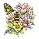 small elagent flowers considting of tulips, lavender, and daisys with bees flying around in full of bright colors tattoo design idea