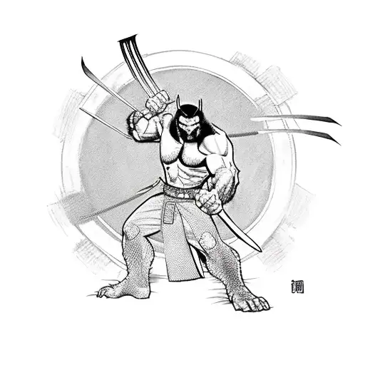 marvel characer wolverine as a feudal japanese ronin warrior with a katana and claws out in a fighting pose  tattoo design idea
