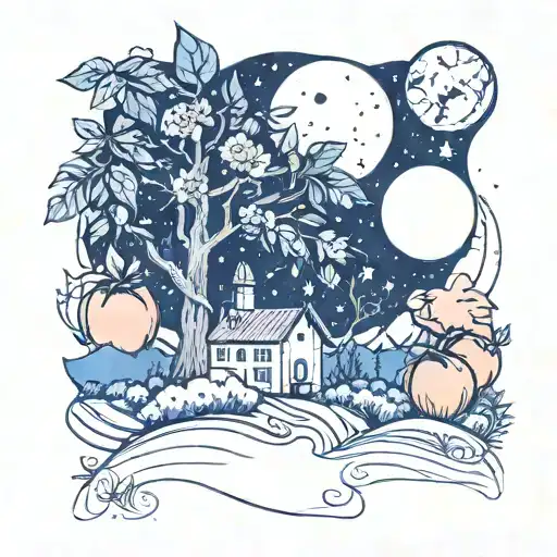 A surreal scene of a peach orchard under a starry night sky, representing the client's love for nature and astronomy, in a new-school style tattoo design idea