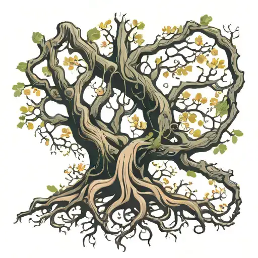 beech tree with roots that mirror blossom and leaves, trunk of tree drawn as a curved human spine with scoliosis. tattoo design idea