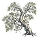 A beech tree with the trunk depicted as a curved spine with scoliosis and roots that mirror the blossom and leaves. tattoo design idea