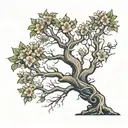 A beech tree with the trunk depicted as a curved spine with scoliosis and roots that mirror the blossom and leaves. tattoo design idea