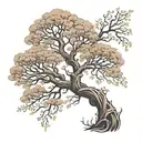 A beech tree with the trunk depicted as a curved spine with scoliosis and roots that mirror the blossom and leaves. tattoo design idea