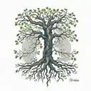 beech tree with roots that mirror blossom and leaves, trunk drawn as a curved human spine with scoliosis. tattoo design idea