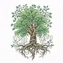 beech tree with roots that mirror blossom and leaves, trunk drawn as a curved human spine with scoliosis. tattoo design idea