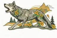 grey wolf on a mountain edge with green and orange smoky back ground with yellow flowers growing on side  tattoo design idea