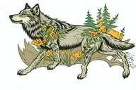 grey wolf on a mountain edge with green and orange smoky back ground with yellow flowers growing on side  tattoo design idea