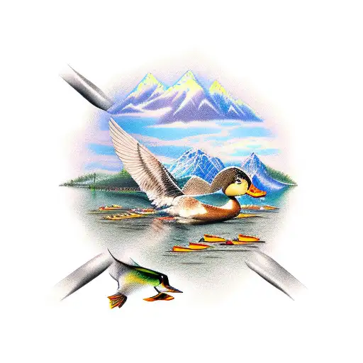 DNA strand with duck hunting fishing and mountains  tattoo design idea