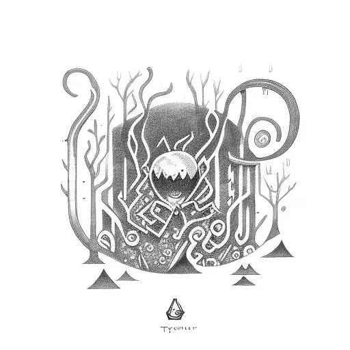 A mysterious cryptid hiding in a forest of musical notes tattoo design idea