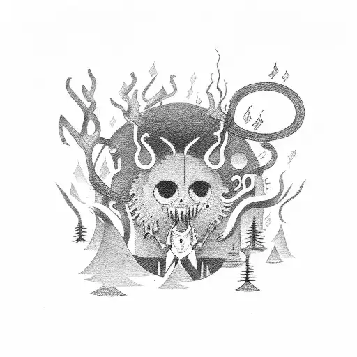 A mysterious cryptid hiding in a forest of musical notes tattoo design idea